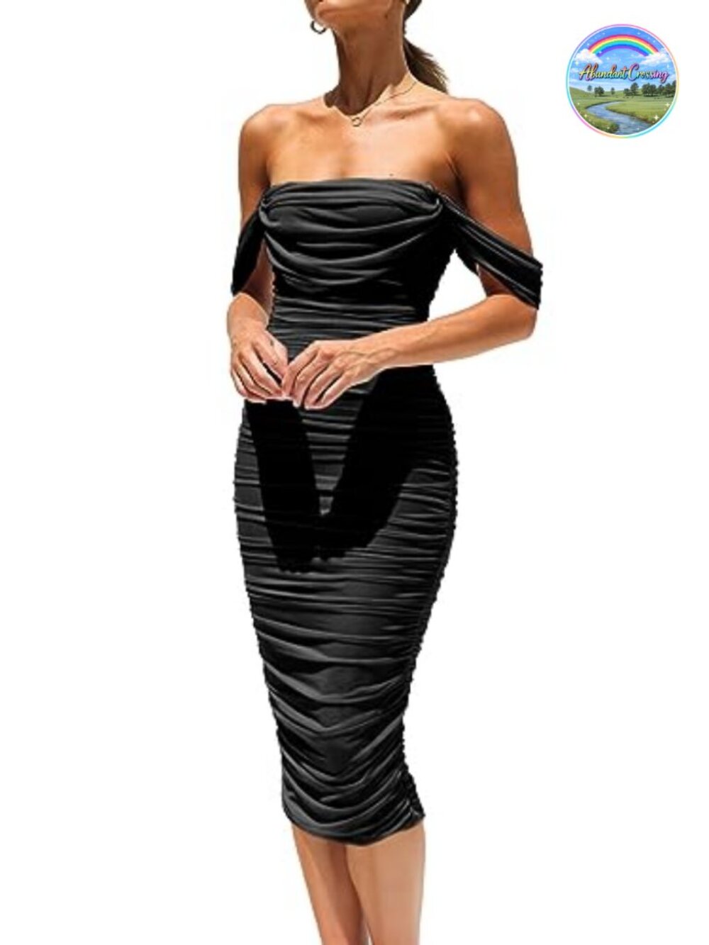 Off Shoulder Bodycon Midi Dress Ruched Mesh Cocktail Party